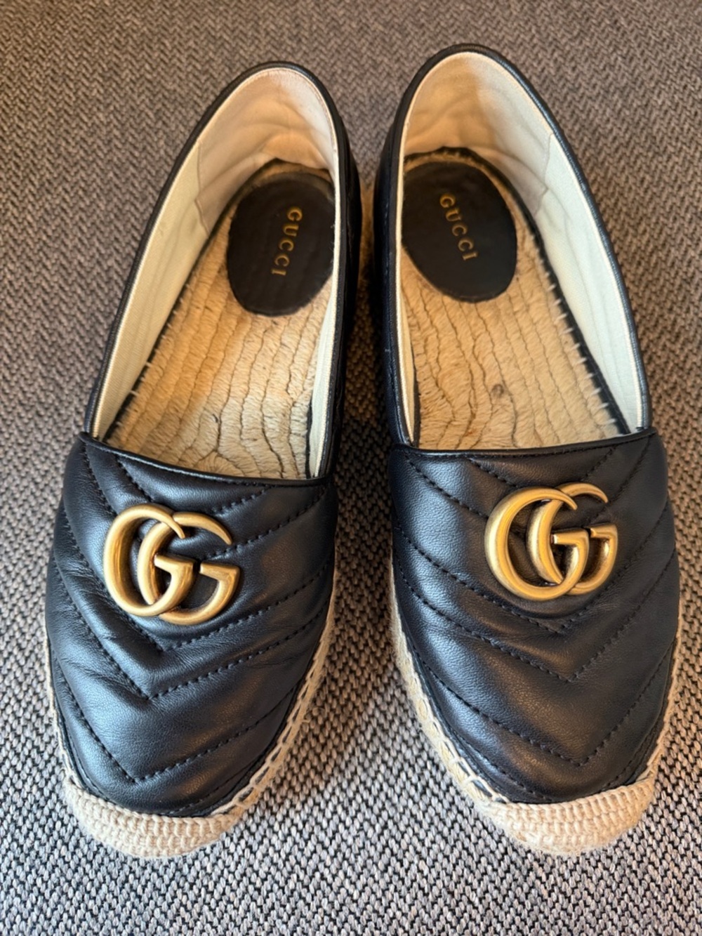 Gucci Black Quilted Leather Espadrilles with Gold Double G Hardware